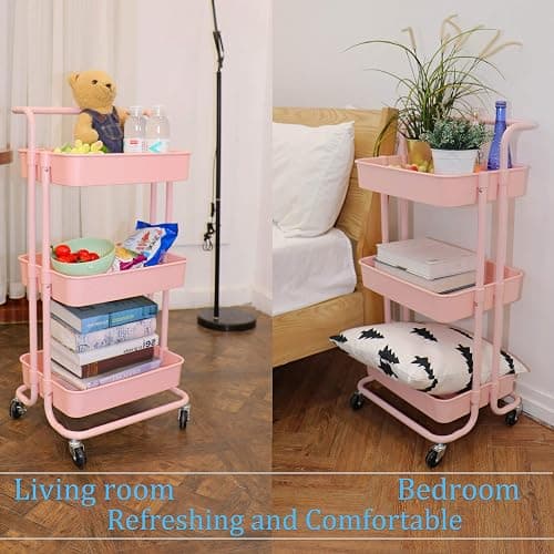Piowio 3 Tier Utility Rolling Cart Multifunction Organizer Shelf Storage Cart with 3 Pieces Cups and 8 Pieces Hooks for Home Kitchen Bathroom Laundry Room Office Store etc. (Pink) thumbnail 6