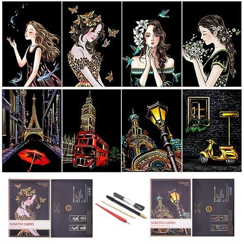 Rainbow Scratch Painting Paper By BOTEEN, City Series Night Scene,Scratch Painting Creative Gift,Scratchboard for Adult and Kids,with 4 Tools,Size:11.7''x8.3''（8pack） - Street corner&pretty girl - Image 1
