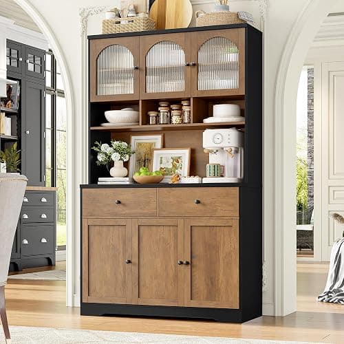 FINETONES 71" Pantry Cabinet, Tall Kitchen Pantry Storage Cabinet with Microwave Stand, Modern Kitchen Hutch Food Pantry with Open Countertop and Adjustable Shelf for Dining Room thumbnail 4