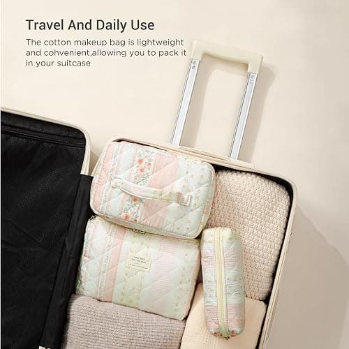 ⭐️HBselect Quilted Makeup Bag, 3Pcs Cotton Large Travel Makeup Bags Organizer | Cute Floral Make up Bag Cosmetic Bag Toiletry Bag for Women Girls, Makeup Pouch for Skincare, Brushes & Travel Essentials thumbnail 4