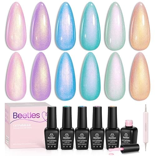 Beetles Pearl Gel Polish, 6 Colors Shimmer Glitter Nail Polish Pink Purple Orange Mermaid Nail Drawing Nail Gel Dreamy Carousel Soak Off Uv Swirl Shell Thread Effect DIY Manicure Gift for Women - Image 1