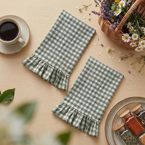 HunnmingRe Sage Green Kitchen Towels Set of 2, 100% Cotton Ruffled Gingham Dish Towels 18"x28" Tea Cloths Classic Plaid Pattern for Farmhouse Charm, Drying Dishes, Entertaining Guests thumbnail 2