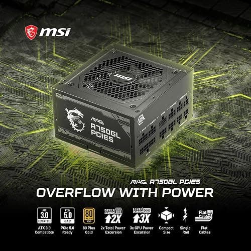 MSI MAG A750GL PCIE5, Fully Modular Compact Gaming 750W Power Supply, 80+ Gold, ATX 3.1 & PCIe 5.1 Ready, Native Dual-Color 12V-2x6 Cable, 10 Year Warranty thumbnail 5