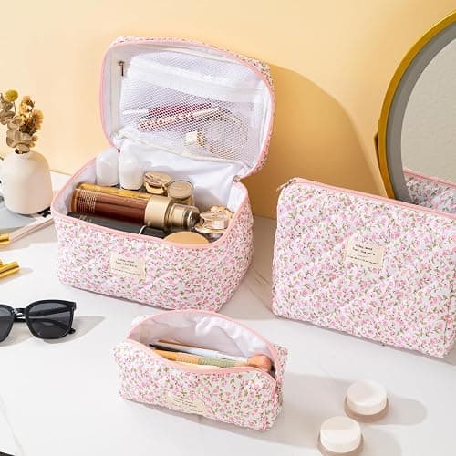 UUYUUY Makeup Bag for Women 3PCS Quilted Cotton Make Up Bag Travel Cosmetic Bag Large Makeup Bag Set Cute Makeups Organizer Floral Toiletry Pouch for Purse, Pink Floral D thumbnail 2