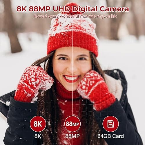 8K Digital Camera - 88MP WiFi Cameras for Photography - UHD Autofocus Vlogging Camera for YouTube 18X Zoom - Video Camara for Beginner Photographer with 3" 180° Flip Screen, Lens Hood, 64GB Card thumbnail 2