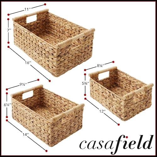 Casafield Set of 3 Water Hyacinth Rectangular Storage Baskets with Wooden Handles - Small, Medium, and Large Woven Nesting Baskets for Organizing thumbnail 2