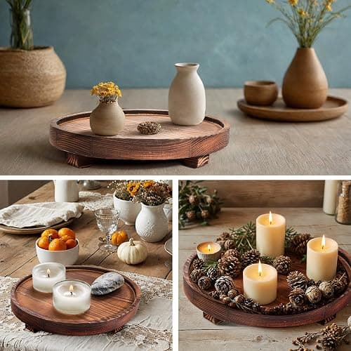 DEBETOOL Round Wooden Decorative Tray - Rustic Wood Soap Tray for Kitchen and Bathroom Counter Organizer, Farmhouse Kitchen Decor Wooden Riser for Soap Dish, Perfume, Candle, Potted thumbnail 5