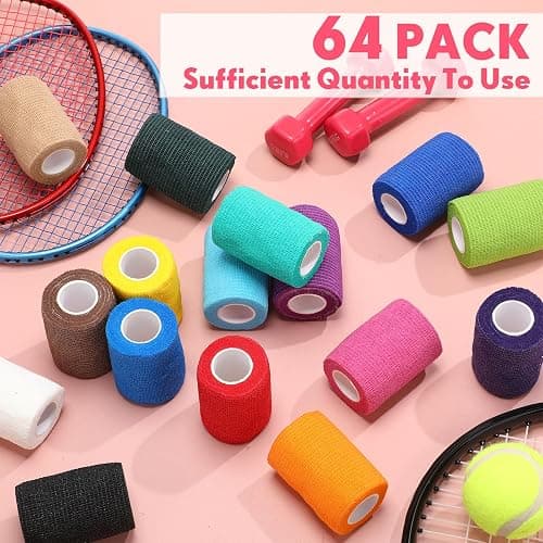 Treela 64 Pack 3" x 5 Yards Self Adhesive Cohesive Bandage Wraps, Elastic Breathable Athletic Tape, Flexible Self Adherent Bandage Rolls for Wrist, Ankle, Fingers, Sports & Pets (Multicolor) - Multi Color - 3 Inch X 5 Yard thumbnail 5