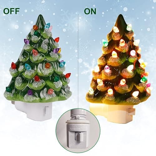 Hausse Christmas Ceramic Tree Night Light, Decorative Snow Covered Xmas Tree Nightlight with Lamp, Multicolor Bulbs & 360 Degree Swivel Plug with ON/Off Switch for Home Bathroom Bedroom Decor thumbnail 3