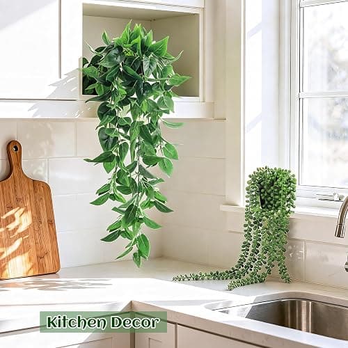 Der Rose 4Pcs Fake Plants Hanging Artificial Ivy Vine Faux Eucalyptus Hanging Plants, Boston Fern, String of Pearls for Living Room Aesthetic Bedroom Boho Kitche Wall Shelf Indoor Outdoor Decor thumbnail 8