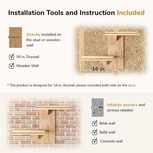 FUKUMARU Cat Wall Shelves, 2 Platform Cat Wall Furniture, Tree Shape Wall-Mounted Cat Floating Shelf with Sisal Mat, Solid Rubber Wood Cat Perch for 16 Inch Drywall, Suitable for Climb, Play, NapQQ thumbnail 7