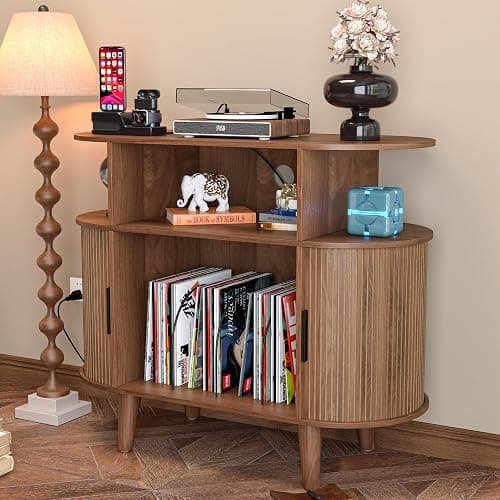 LUVIOHOME Large Round Record Player Stand with Charging Station & USB Ports，Record Storage Cabinet, Mid Century Modern Turntable Stand for Bedroom Living Room (Small Brown) thumbnail 3