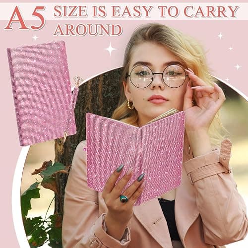 Resholder Pink A5 Rhinestone Notebook & Pen Set Bling Diary for Girls | Hard Cover Glitter Journal for Women, Sparkly Desk Accessories Gift for Women, Cute Classroom Supplies for Back to School thumbnail 6