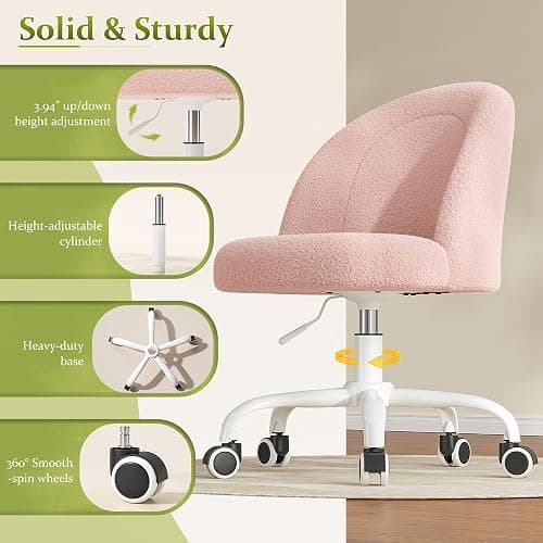 DurayLoly Vanity Chair with Back, Cute Desk Chair with Wheels, Armless Office Chair Height Adjustable, Soft Lumbar Support for Small Space, Bedroom, Gentle Pink thumbnail 7