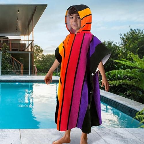 NATE: VOOVA & MOVAS Hooded Poncho Towels for Big Kids - (6-12Years), Absorbent Soft 100% Cotton Beach | Bath | Pool Swim Towel with Hood for Boys | Girls - Stripe - Kids(6-12Years) - Stripe thumbnail 5