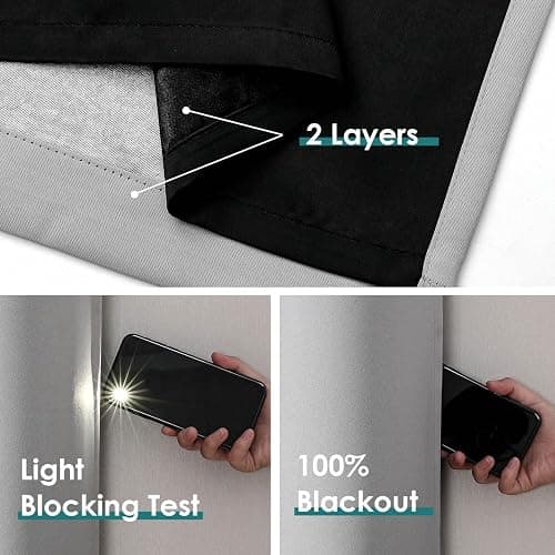 ChrisDowa 100% Blackout Curtains for Bedroom with Black Liner, 2 Thick Layers Total Blackout Thermal Insulated Grommet Window Curtains 63 Inch Length 2 Panels Set (Light Grey, 42 x 63 Inch) thumbnail 5