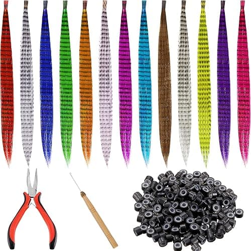 Xinnun 52 Pcs Colored Hair Feathers Extension Kit for Women 13 Colors Long Straight Synthetic Hair Feather 200 Silicone Lined Micro Ring Crochet Hook and Lengthen Remover Plier for Cosplay Party - Image 1