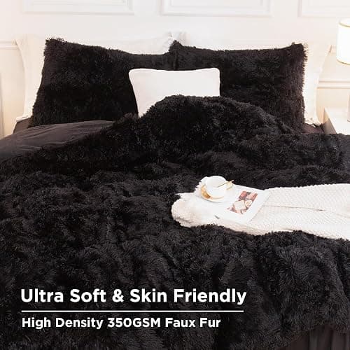 Andency Queen Comforter Set Black, Fluffy Winter Faux Fur Warm Soft Plush Bedding Comforter Set (1 Velvet Comforter & 2 Pillowcases), Fuzzy Thick Heavy Puffy Comforters Bed Set thumbnail 4