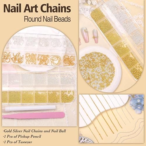 2 Boxes Nail Chain Charms and Round Beads for Nail Art, Gold Silver Line Nails Art Chains Mixed Sizes Round Caviar Steel Ball Nails Accessories for Acrylic Nails Tips Manicure Decor thumbnail 4