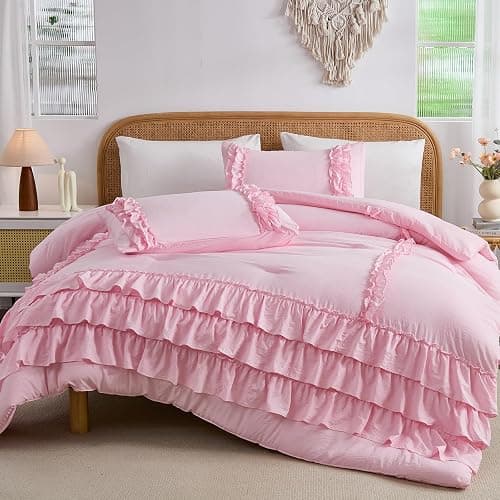 Herside Light Pink Comforter Set King Size,Waterfall Ruffle Shabby Chic Bedding Set,Soft Fluffy Boho Comforter Set for All Season,Vintage Ruffled 3 PCS Lightweight Quilt Set for Women Girls thumbnail 3
