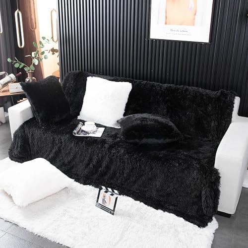 YUSOKI Black Faux Fur Throw Blanket,2 Layers,50" x 60", Soft Fuzzy Fluffy Plush Furry Comfy Warm Cozy Blanket for Couch Bed Chair Sofa Bedroom Mens Gift thumbnail 2