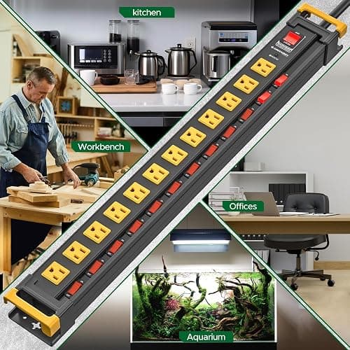 12 Outlet Long Heavy Duty Power Strip with Individual Switches,3300J Surge Protector Metal Power Strip,Wide Spaced,6Ft Cord Managment for School,Garage,Office,Workbench,ETL Listed(15A/1875W) thumbnail 7