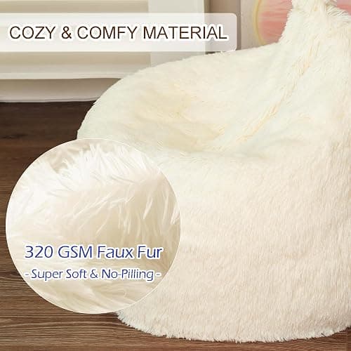 BCU Bean Bag Chair Cover Ultra Soft Fluffy Faux Fur Beanbag Cover Plush Living Room Chairs Cover for Adults and Kids, White - Milky White thumbnail 4