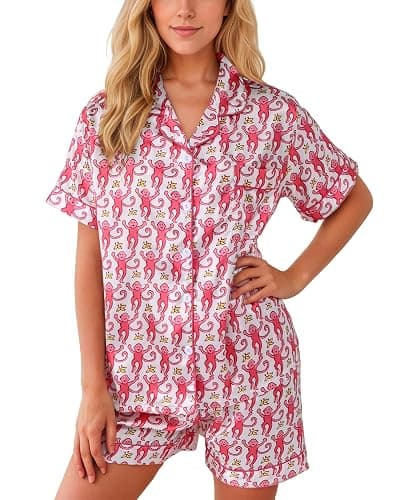 HINFEL Women Y2k Pajamas Set Silk Satin Short Sleeve Button Down Top and Shorts Monkey Sleepwear Preppy Bridal Loungewear - Pink - XX-Small - Image 1