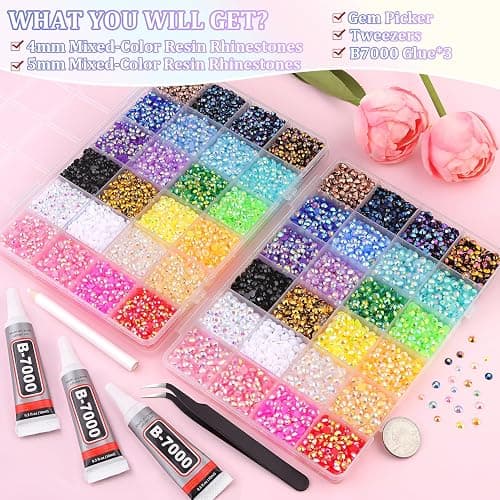 2 Boxes Jelly Rhinestones for Bedazzling, 24500Pcs 4mm&5mm Multicolor Flatback Resin Gems for Crafting, Bedazzler Kit with 3Pcs 10ml B7000 Jewelry Glue for DIY Crafts Tumblers Fabric Decor Nail Art thumbnail 2