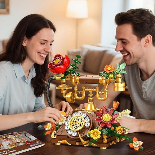 PLAXSOON Flowers Retro Telephone Clock Building Set, 2 in 1 Collectible Vintage Phone Model Building Block Kit with Realistic Design, 882 PCS Home Office Decor, Gift for Adults Teens Girls Boys 12+ thumbnail 9
