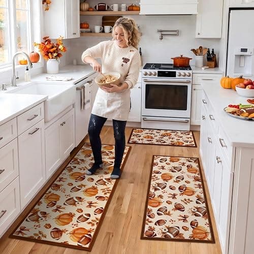 Fourluoo 3 Pcs Fall Football Pumpkin Kitchen Rugs and Mats Set | Farmhouse Door Mats for Home Bathroom Kitchen Cabin, Fall Home Decor, Non Slip Washable Kitchen Mats, 3 Size thumbnail 2