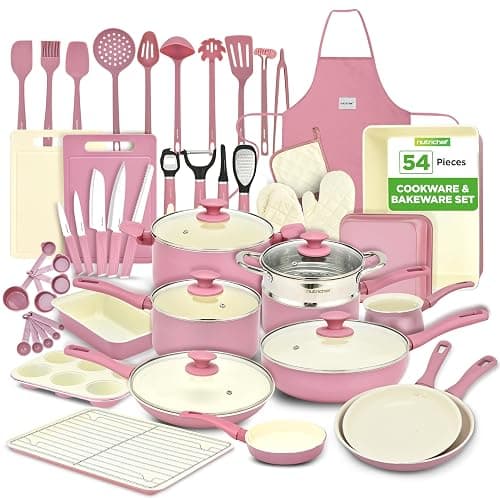 NutriChef 54-Piece Kitchen Cookware Set – Complete Non-Stick Ceramic Pots and Pans Set with Utensils, Bakeware, and Knife Set, Gas, Electric & Induction Compatible, Blush Pink Kitchen Essentials - Image 1