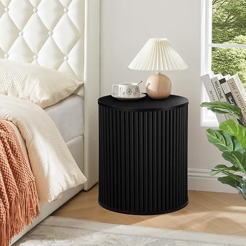 AVZEAR Small Round Side Table Fluted Night Stand Set of 2, Mid Century Modern End Table with Storage, Circle Bedside Tables Wood Nightstands for Small Spaces, Living Room, Bedroom (Black) thumbnail 7