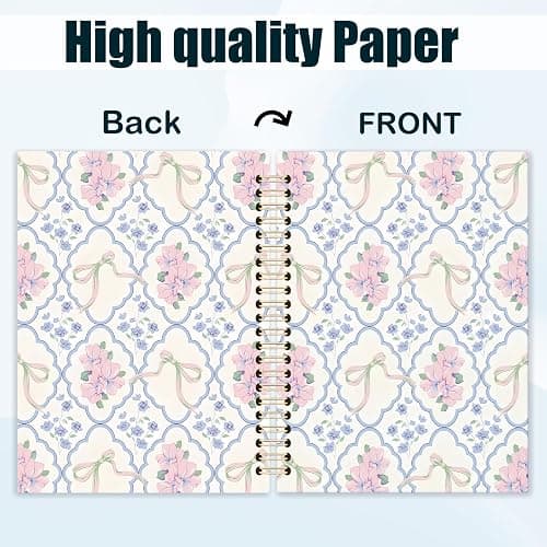 ZOFGUO Grandmillennial Pink and Blue Floral Spiral Notebook Journal, Coquette Bow Grandmillennial Flower Journal Notebooks for Note Taking, Chinoiserie Floral Hardcover Notebook, 5.5x8.3 Inch thumbnail 6