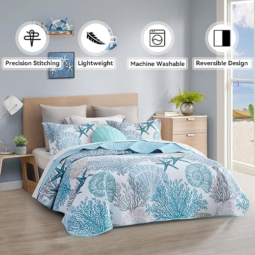 Tritard 3 Piece Coastal Quilt Sets Full/Queen Size - Reversible Microfiber Quilts with 2 Shams Soft Lightweight Beach Bedding Nautical Bedspread Coverlet Summer Comforter for All Season, 90''x96'', C1 thumbnail 2