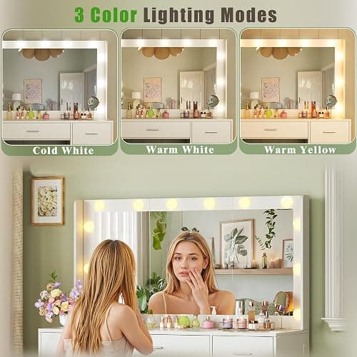 HUAHUU 43.3" Vanity Desk with Mirror and Lights, 3 Lighting Modes, Large Makeup Vanity Desk with 11 Fabric Drawers, Built-in AC Outlets & USB Ports, White Vanity with Lights for Bedroom Makeup Room thumbnail 3