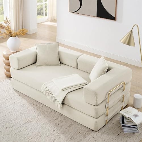 Vanress Convertible Folding Sofa Bed, Modern Futon Sleeper Sofa Fold Out Couch Bed with Gold Fixed Frame, Modular Floor Sofas Comfy Corduroy Boneless Couches for Living Room (78" Beige) thumbnail 2