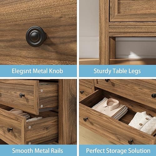 CARPETNAL 55" Walnut Dresser for Bedroom, 6 Drawer Dresser with Wide Drawer and Metal Handles, Wood Dressers & Chests of Drawers for Hallway, Entryway. thumbnail 7