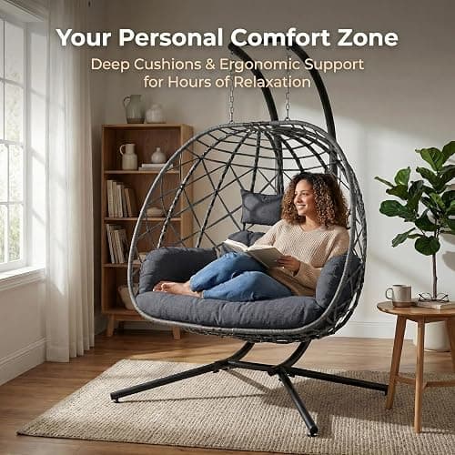 SWITTE Double Egg Swing Chair with Stand, Outdoor Patio 2 Person Hanging Wicker Hammock Chairs with Cushion for Indoor Bedroom, Lawn, Garden-Dark Grey thumbnail 5