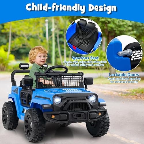 Costzon 12V Kids Ride on Car Truck with Remote Control (Blue, 34"×23"×21") | Foldable Mirrors, 3 Speeds, LED Lights, Music & Horn, Battery Powered Electric  Vehicle for Toddlers, Ride on Toys thumbnail 7