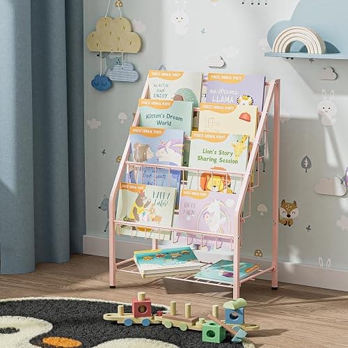 JAQ Bookshelf for Toddlers, 4-Tier Metal Kids Bookshelves Rack with Toy Storage Organizer in Bedroom Study Room Playrooms Nursery for Infants Baby Young Children (4-Tier/ 24.92 inch, Pink) - 4-tier/Pink thumbnail 4