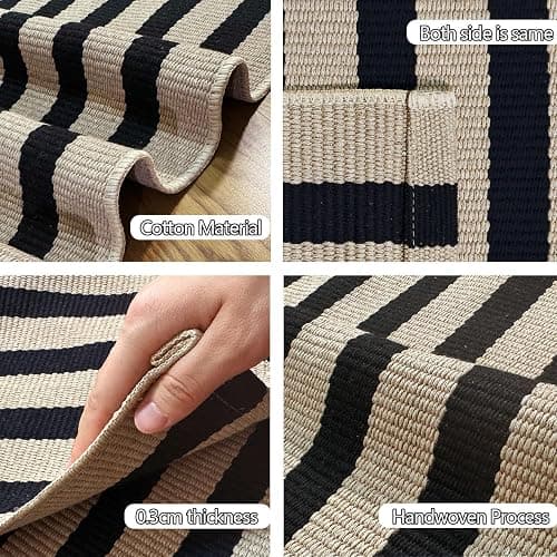 Rustaa Indoor Outdoor Rug 3x5 Front Door Mat Outdoor Cotton Welcome Mat Outdoor Farmhouse Layered Mat Washable Stripe Outdoor Mats for Entrance Front Door Porch Balcony(Black/Tan) thumbnail 3