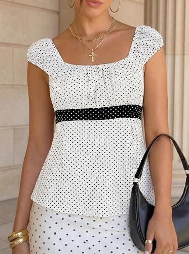 Women's Babydoll Tops Y2k Fairy Baby Doll Tops, Cap Sleeve Polka Dot Top with Adjustable Waist Tie, Flowy Going Out Tops thumbnail 3