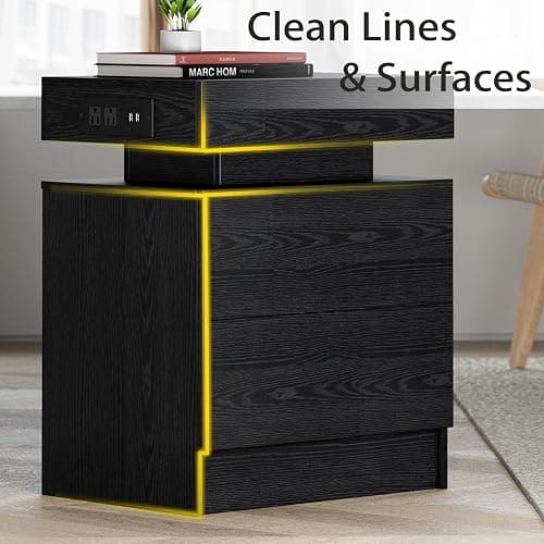 LIKIMIO Night Stand with Charging Station, Modern Black Nightstand with LED Light and Drawers, Bedside Tables/End Table for Bedroom thumbnail 7