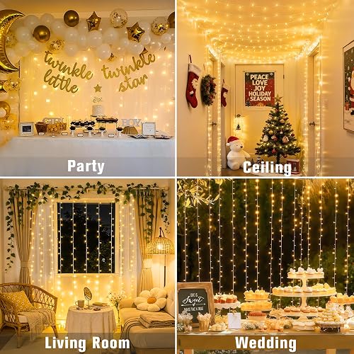 JMEXSUSS 300 LED Remote Control Curtain Lights, Plug in Fairy Curtain Lights Outdoor, Window Wall Hanging String Lights for Bedroom Indoor Dorm Backdrop Wedding Party Patio Christmas Decor, Warm White thumbnail 5