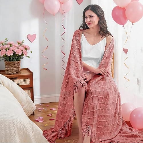 inhand Coral Pink Knitted Throw Blanket for Couch Bed, Mothers Day/Mom Birthday Gifts for Mom from Daughter Son, Soft Lightweight with Tassels, Farmhouse Warm Decorative Blanket for Women, 50"x60" thumbnail 6