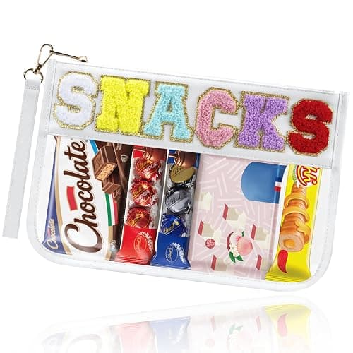 Buycard Snack Bag for Travel with Chenille Letter Patch-Preppy Waterproof Pouch for Travel, Makeup, Gym,Zippered Cosmetic Tote for Women & Girls,Holiday Essentials for Kids. (White) - Image 1