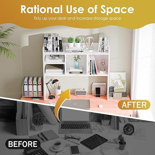 SUPER DEAL Desktop Bookshelf, Countertop Storage Hutch with 4 Shelves for Computer Desk, 2-Tier Display Rack, Multipurpose Wood Desk Hutch Storage Organizer for Home Office Dorm, White thumbnail 6
