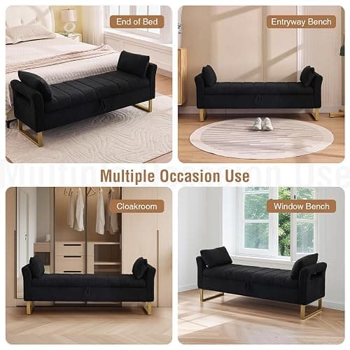 66" Storage Bench for Bedroom Upholstered End of Bed Bench King Size Black | Long Bedroom Benches for Foot of Bed King,Teddy Storage Bed Bench with Gold Legs,2 Pillows for Entryway Windows Cloakroom thumbnail 6