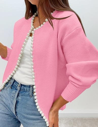 ZESICA Women's Open Front Cardigan Sweater 2026 Fall Casual Knitted Long Sleeve Pearls Trim Outerwear Coat Trendy Clothes thumbnail 3